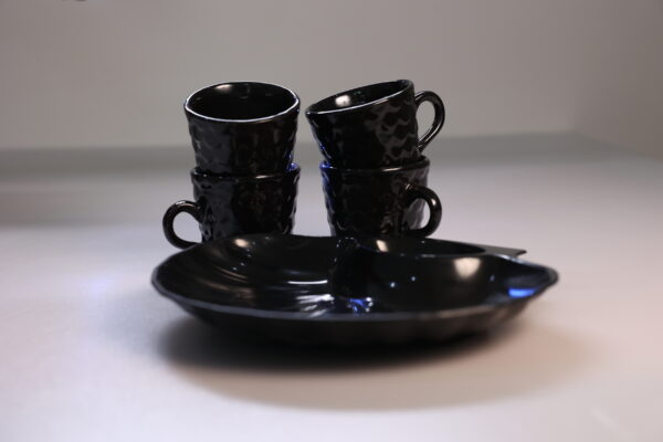 Black Hammered Ceramic Mug Set with Compartment Serving Platter - Image 4