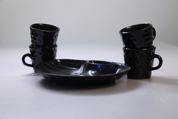 Black Hammered Ceramic Mug Set with Compartment Serving Platter - Image 3