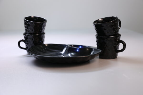 Black Hammered Ceramic Mug Set with Compartment Serving Platter - Image 2