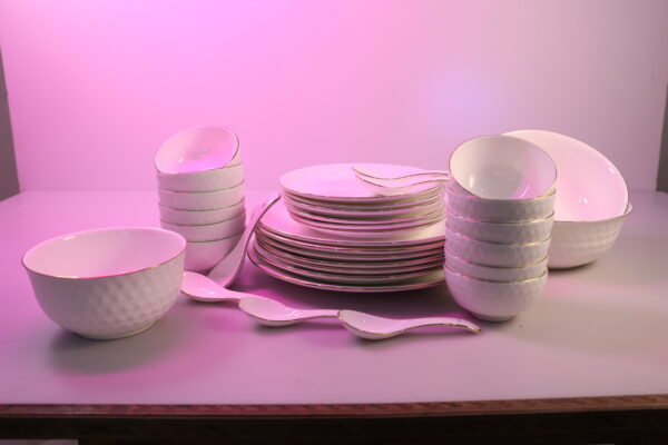 Ivory Embossed 28-Piece Ceramic Dinner Set with Gold Rim - Image 5