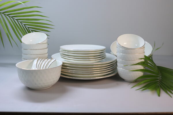 Ivory Embossed 28-Piece Ceramic Dinner Set with Gold Rim - Image 2