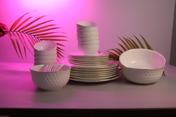Ivory Embossed 28-Piece Ceramic Dinner Set with Gold Rim - Image 3