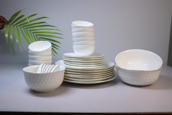 Ivory Embossed 28-Piece Ceramic Dinner Set with Gold Rim - Image 4