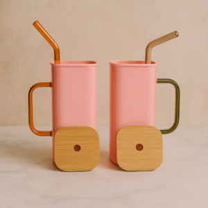 Pink Matte Tumbler Set with Glass Straw & Bamboo Lid