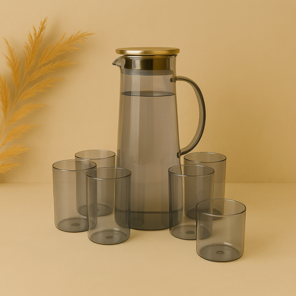 Smokey Black Premium Glass Jug Set with 6 Tumble - Image 2