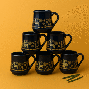 Midnight Black Ceramic Mugs – Gold Tribal Deer Design