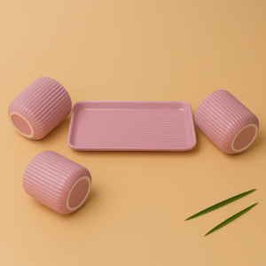 Blush Pink Ribbed Ceramic Cups & Tray Set