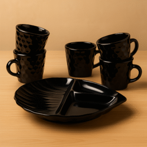 Black Hammered Ceramic Mug Set with Compartment Serving Platter