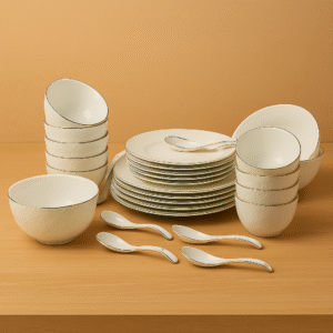 Ivory Embossed 28-Piece Ceramic Dinner Set with Gold Rim