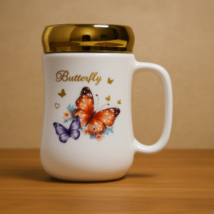 Butterfly Ceramic Mug with Golden Lid