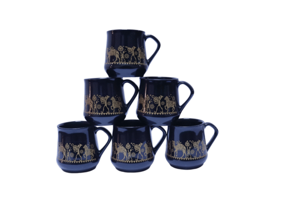 Midnight Black Ceramic Mugs – Gold Tribal Deer Design - Image 3