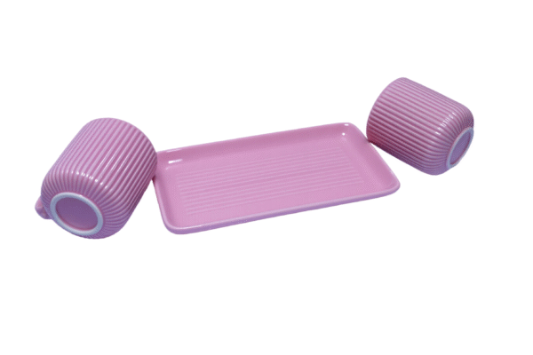 Blush Pink Ribbed Ceramic Cups & Tray Set - Image 3