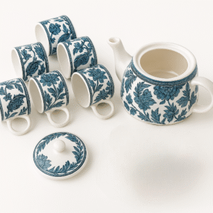 Blue Floral Hand-Painted Ceramic Cattle Tea Set – 7 Pieces