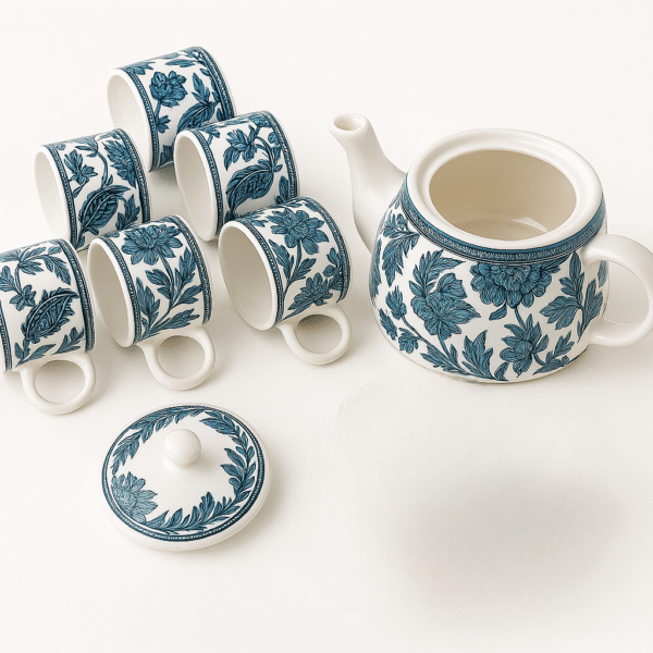 Blue Floral Hand-Painted Ceramic Cattle Tea Set – 7 Pieces