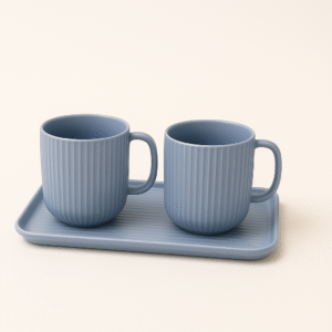 Matte Blue Ribbed Ceramic Mug Set with Tray (Set of 3)