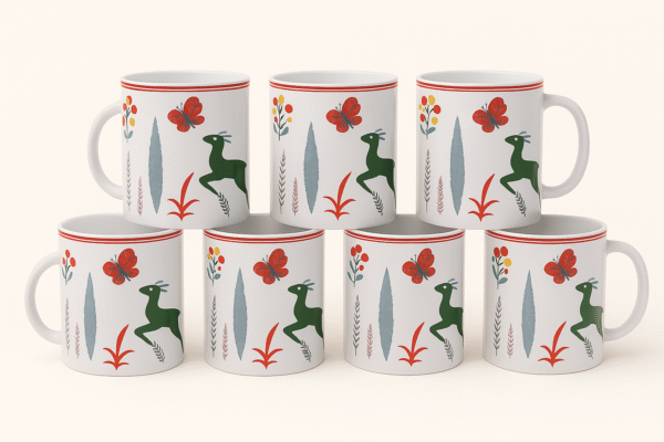 Handcrafted Ceramic Mug Set – Deer & Butterfly Design (Set of 6)