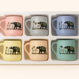 Elephant Folk Art Ceramic Mug Set – Pastel Colours (Set of 6)