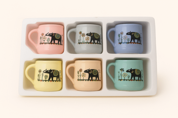 Elephant Folk Art Ceramic Mug Set – Pastel Colours (Set of 6)