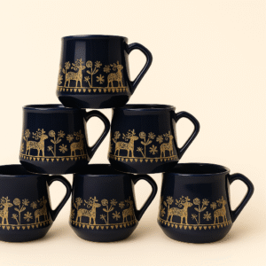 Black Ceramic Mug Set with Golden Deer Artwork (Set of 7)