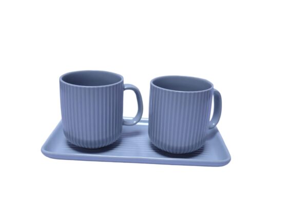 Matte Blue Ribbed Ceramic Mug Set with Tray (Set of 3) - Image 3