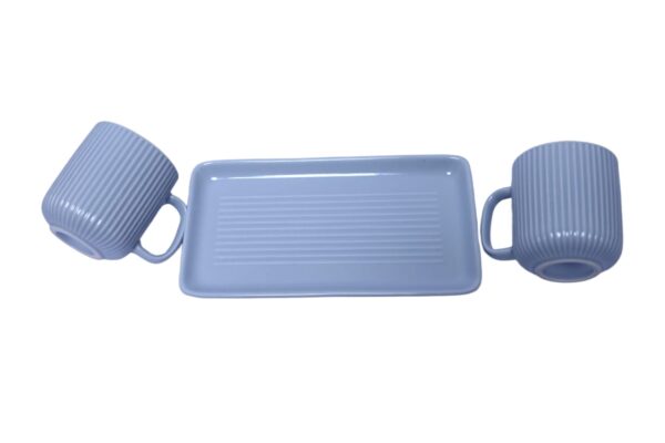 Matte Blue Ribbed Ceramic Mug Set with Tray (Set of 3) - Image 2
