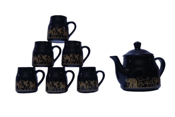 Black Ceramic Mug Set with Golden Deer Artwork (Set of 7) - Image 2