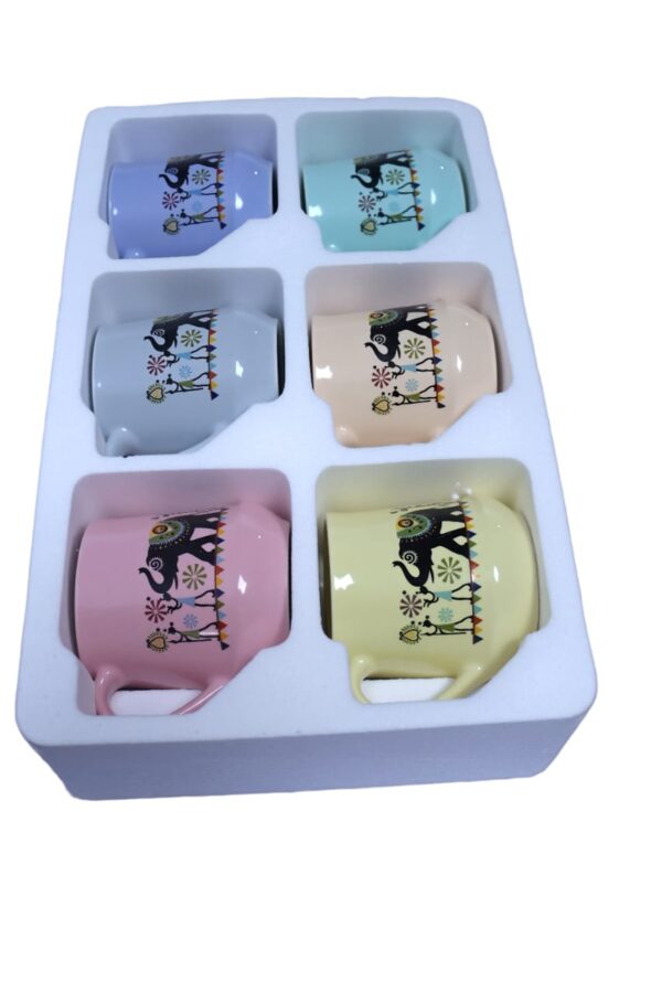 Elephant Folk Art Ceramic Mug Set – Pastel Colours (Set of 6) - Image 3